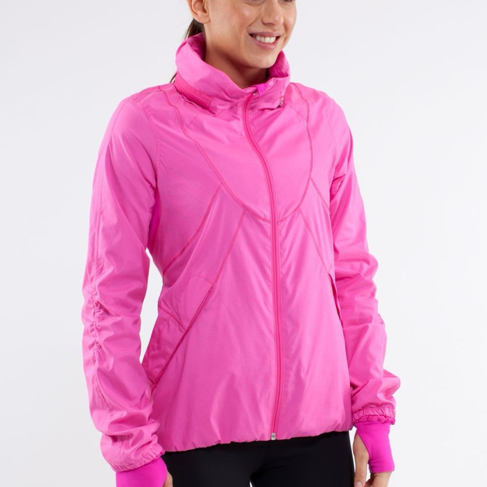 Lululemon Run: Hustle Jacket White Paris Pink Microstripe Women's with Hood